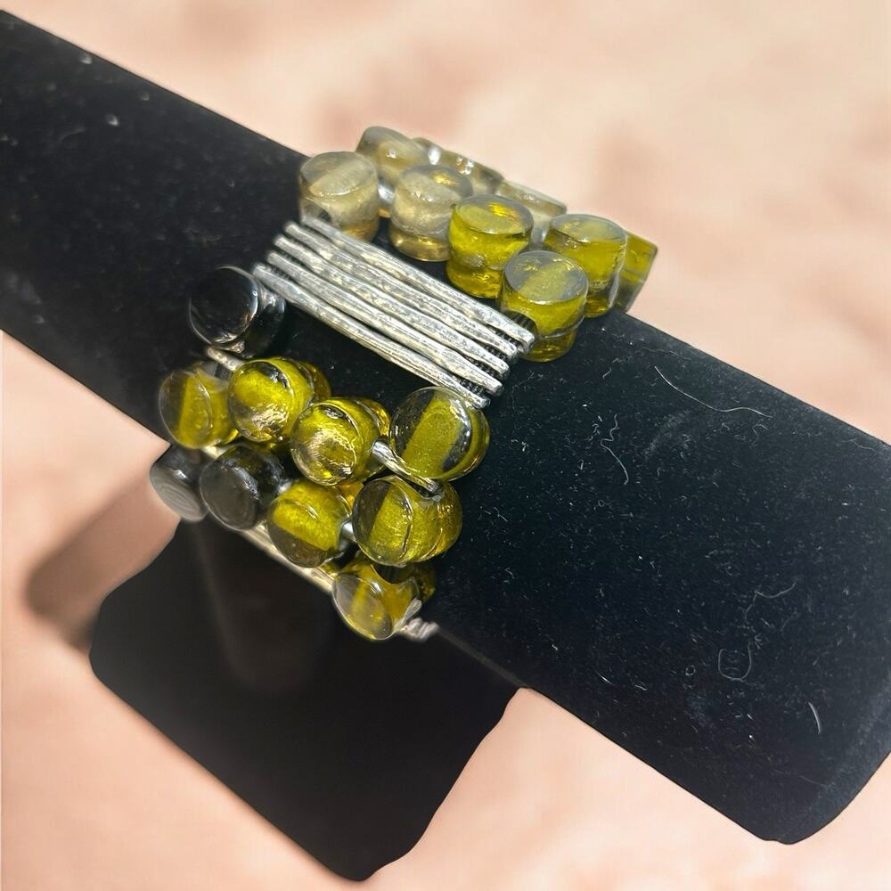 Bracelet By Artist Anne Marie Chagnon -Pewter With Green & Black Glass Beads
